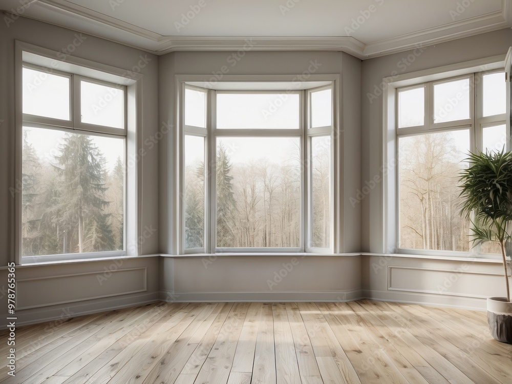 Fototapeta premium Empty Room with Large Windows and Wooden Floor