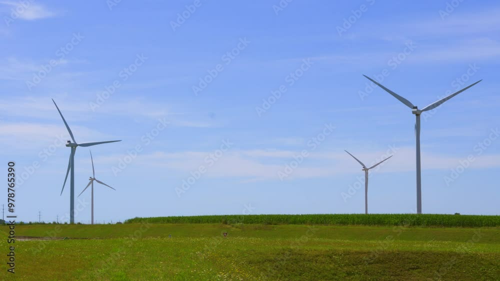 Wind Turbine Farm with Spinning Blades Over Cornfield Farmland Generating Climate Friendly Electricity with No Carbon Emissions with Blue Sky 4K Wind Turbine Farm with Spinning Blades Over Cornfield Farmland Generating Climate Friendly Electricity with No Carbon Emissions with Blue Sky 4K
