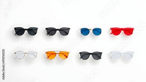 Assortment of Stylish Sunglasses Arranged on Clean White Surface