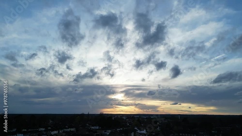 Aerial View of Central City of Harefield, Uxbridge, London United Kingdom. Footage Captured with Drone's Camera During Beautiful Sunset Time on April 3rd, 2024 photo