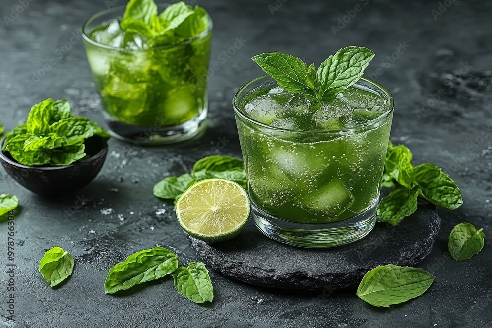 Refreshing mint mojito cocktails served on a dark surface with fresh mint leaves and lime slices in the evening. Generative AI Refreshing mint mojito cocktails served on a dark surface with fresh mint leaves and lime slices in the evening. Generative AI