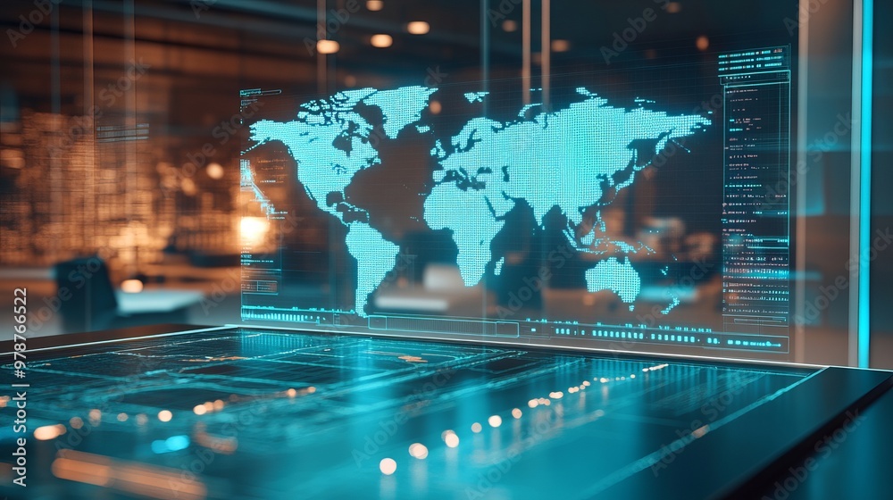 A multi-exposure image combines a table with a computer and a world map hologram, creating a dynamic representation of an international data network. A multi-exposure image combines a table with a computer and a world map hologram, creating a dynamic representation of an international data network.