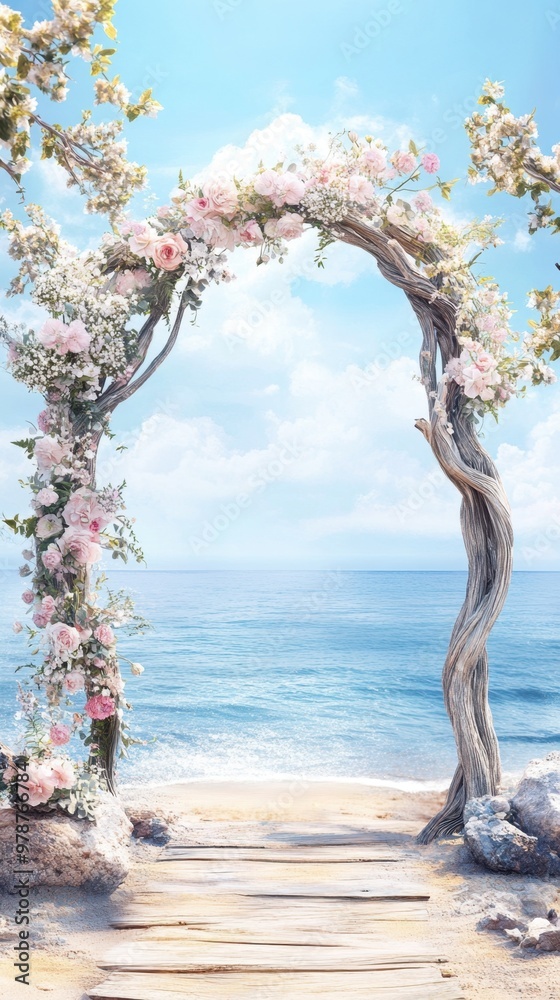 Fototapeta premium Beautiful beach wedding arch adorned with flowers, set against a clear blue sky and ocean backdrop, perfect for romantic ceremonies.