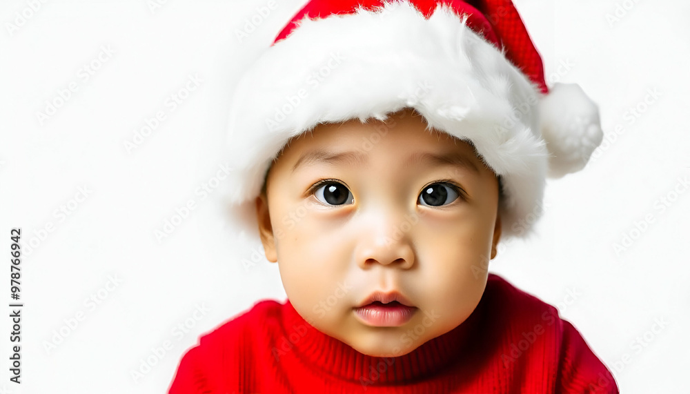 A young, Asian baby boy in santa hat is examining the camera expression, white background A young, Asian baby boy in santa hat is examining the camera expression, white background
