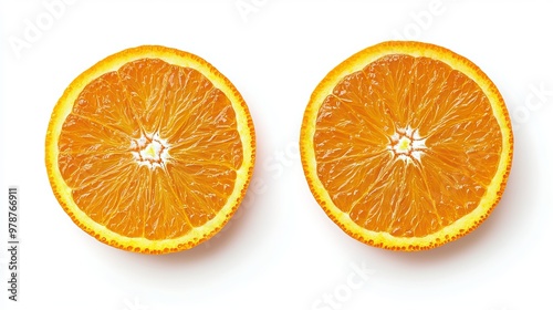 A vibrant orange sliced into neat, circular pieces, isolated against a white background. 