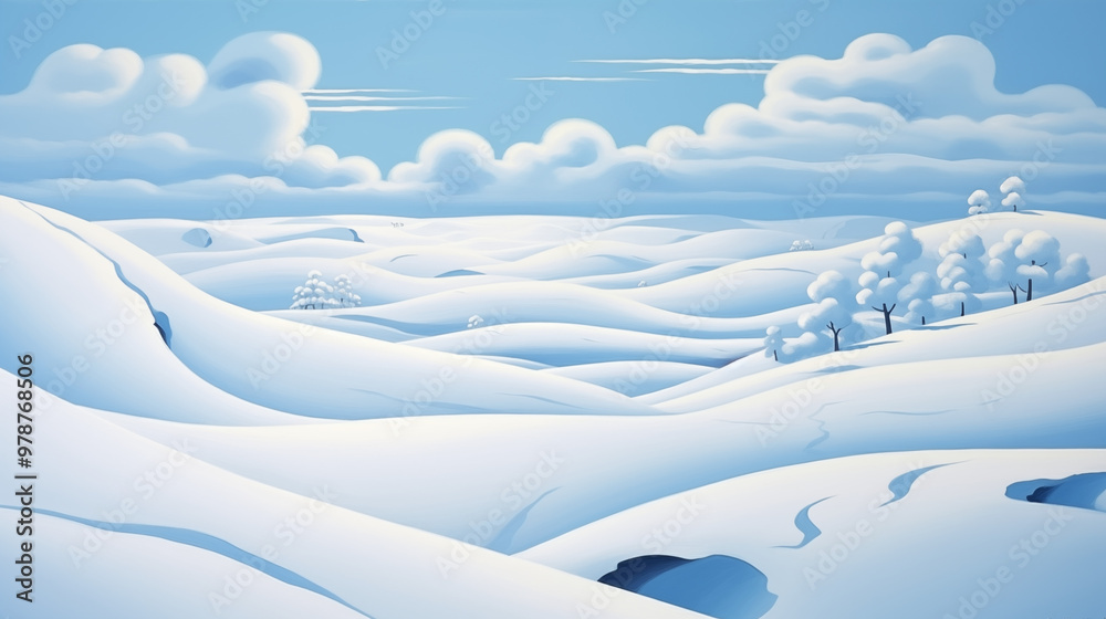 Obraz premium Winter landscape with snow-covered hills and trees in a serene mood