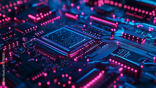 A close-up of a circuit board with glowing pink and blue lights