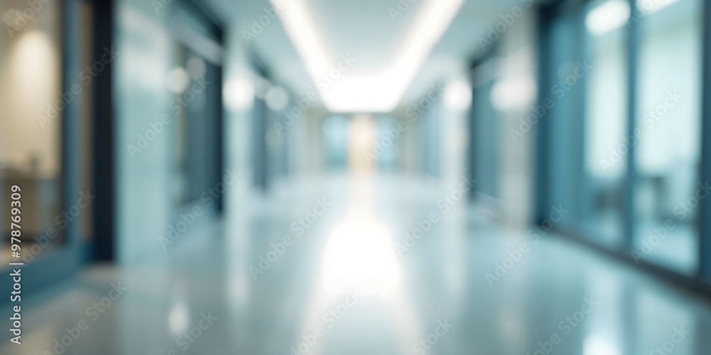 Blurred modern hospital hallway with glass partitions Blurred modern hospital hallway with glass partitions