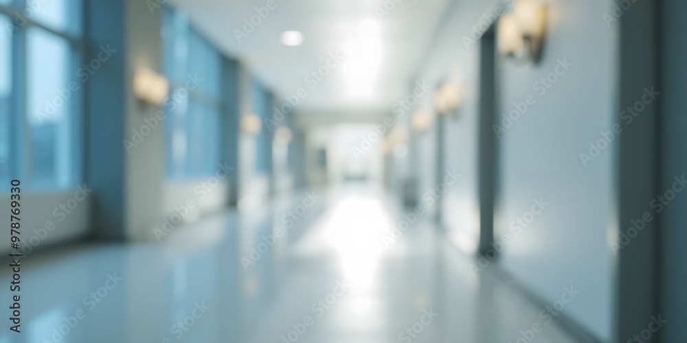 Fototapeta premium Blurred modern hospital hallway with glass partitions