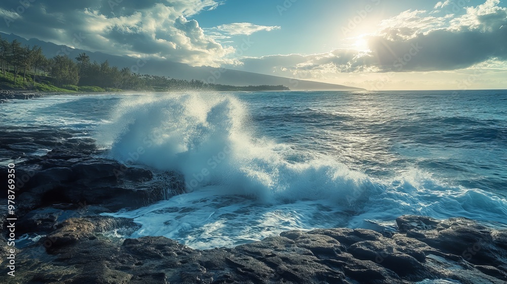 Obraz premium Waves crashing against the rocky shoreline of Kauai, Hawaii, sending up sprays of white foam as they meet the rugged coast.