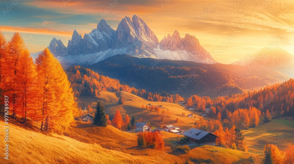 Obraz premium Autumnal panorama of Cortina d'Ampezzo's outskirts. Stunning dawn over the Dolomite Alps, Italy. Countryside backdrop showcasing nature's beauty.