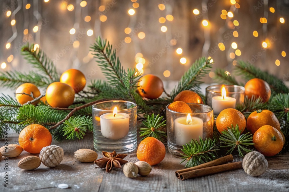 The concept of New Year and Christmas. The warmth of the house in cold weather. Fir branches, tangerines, cones and candles on the background of a beautiful bokeh in the interior of the living room. The concept of New Year and Christmas. The warmth of the house in cold weather. Fir branches, tangerines, cones and candles on the background of a beautiful bokeh in the interior of the living room.