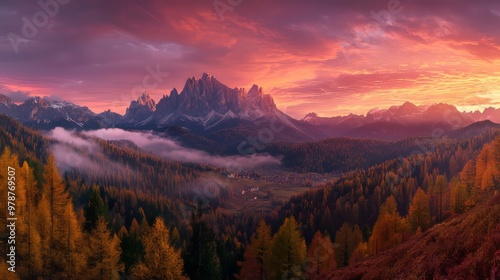 Autumnal panorama of Cortina d'Ampezzo's outskirts. Stunning dawn over the Dolomite Alps, Italy. Countryside backdrop showcasing nature's beauty.