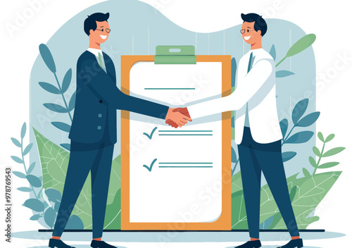 Business Agreement Handshake in Front of Contract, Conceptual Minimalistic Vector Illustration of Professional Deal, Corporate Partnership, Collaboration, Success, and Professionalism