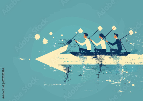 Business Teamwork Concept: Illustrative Minimalistic Vector of Three Business Workers Rowing Together on an Arrow for Success and Progress in a Modern Work Environment photo