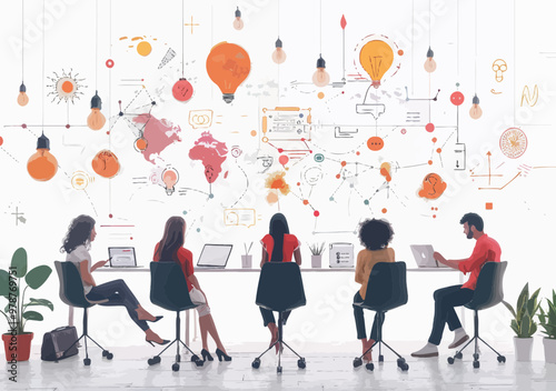 Team Collaboration in Modern Office Discussing Successful Business Project with Creative Brainstorming Ideas Minimalistic Vector Illustration