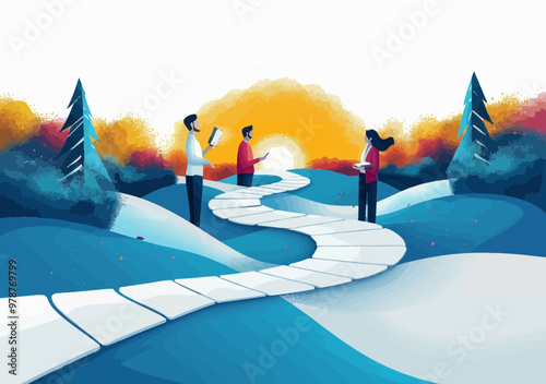 Business Path to Success with People Planning Goals and Strategy on Abstract Journey at Sunset Minimalistic Vector Illustration