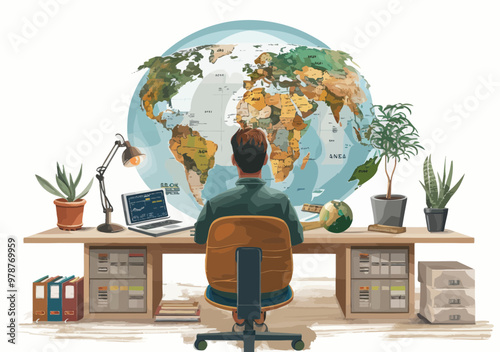 Global Payment Transaction by Businessperson at Desk with World Map Background - Online Financial Technology, Daytime, Minimalistic Vector Illustration