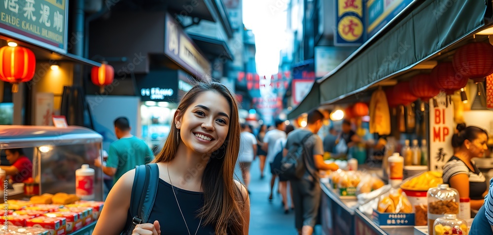 Smiling Woman in a Crowded Asian Street Market Smiling Woman in a Crowded Asian Street Market
