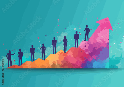 Dynamic Business Strategy with Managers Discussing Growth around Rising Arrow, Successful Path to Business Success, Minimalistic Vector Illustration Depicting Goal Achievement and Strategic Planning