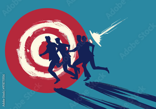 Businesspersons Racing Towards Target with Determination, Business Concept Illustration of Competition, Teamwork, Success, and Goals, Silhouettes of Professionals in Action, Vibrant and Dynamic Art