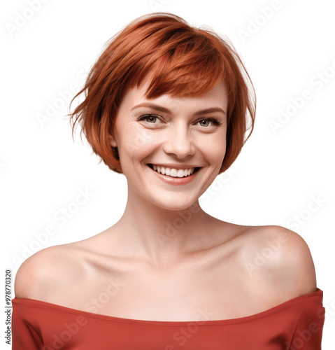 portrait of a smiling woman with red hair wearing red shirt isolated on transparent background