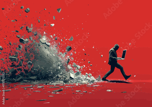 Innovative Business Concept: Businessman Shattering Barriers with Laptop in Red Background, E-commerce Breakthrough, Minimalistic Vector Illustration