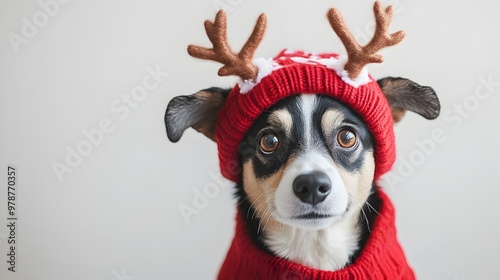 Cheerful Dog Celebrating Christmas Holidays Wearing Reindeer Antler Headwear on White Background