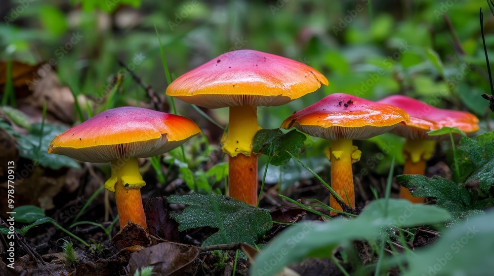 Fototapeta premium Basidiomycetes flourishing in the undergrowth of a verdant forest, their vibrant colors contrasting against the muted backdrop of nature's canvas.