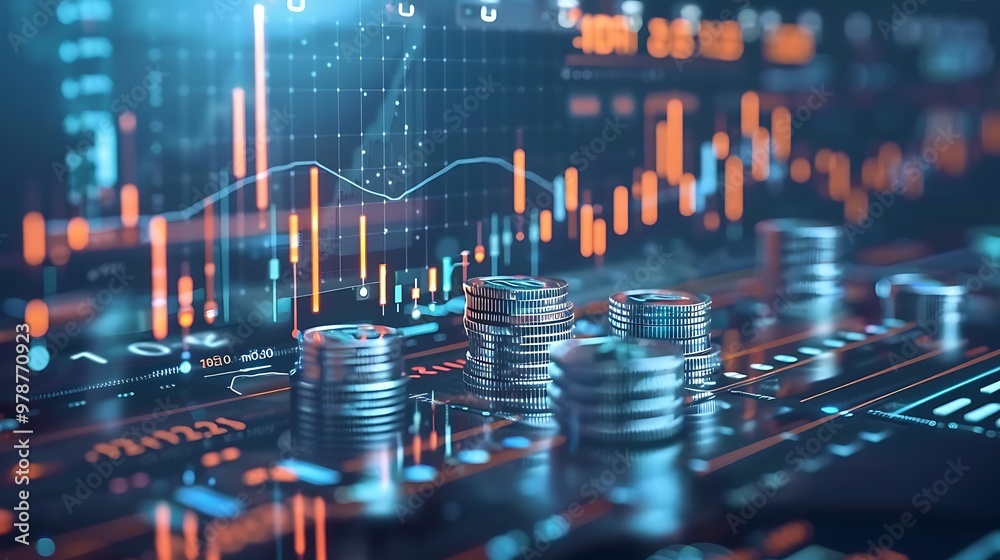 Close-up of stacked coins on a digital screen with stock market charts, showcasing financial growth and investment concepts.