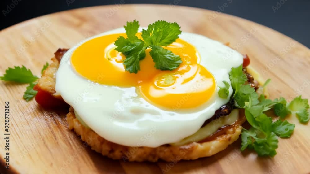 Camera slowly zooms in on a gourmet eggs Benedict beautifully presented on a rustic wooden board under top light.