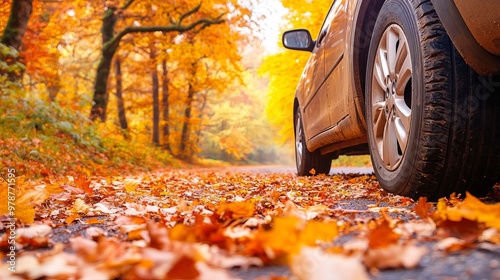 Fototapeta Naklejka Na Ścianę i Meble -  Car drives on forest road amid colorful autumn leaves. Rolling car tire detail in bright fall forest.