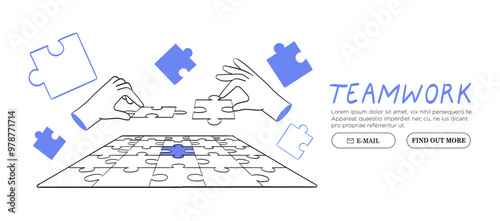Teamwork, partnership concept. Business team hands, partners arm connect puzzle, match jigsaw pieces together. Synergy, unity, successful cooperation drawing for web banner design. Vector illustration
