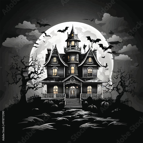 Halloween best hunted house graphic with  mid night forest horror illustration