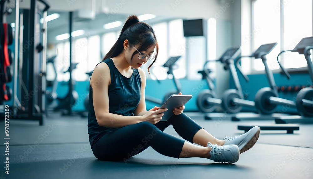 Woman in Glasses Using a Tablet in a Gym Woman in Glasses Using a Tablet in a Gym