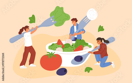 Tiny people make large salad bowl from vegetables. Guys and girls with big cutlery. Lunch food. Men hold spoons. Women eat with forks. Fresh tomato. Lettuce leaves. Garish vector concept