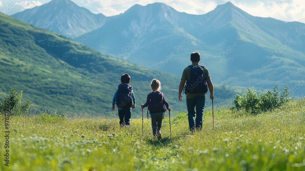 Obraz premium A family of three is walking through a field of flowers