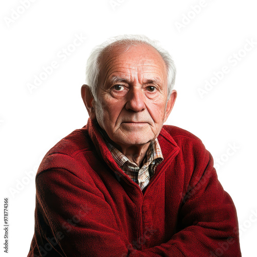 Thoughtful and Dignified Senior Adult Man with Gray Hair and Beard Wearing a Warm Red Sweater as He Poses for a Studio Portrait Against a White Background