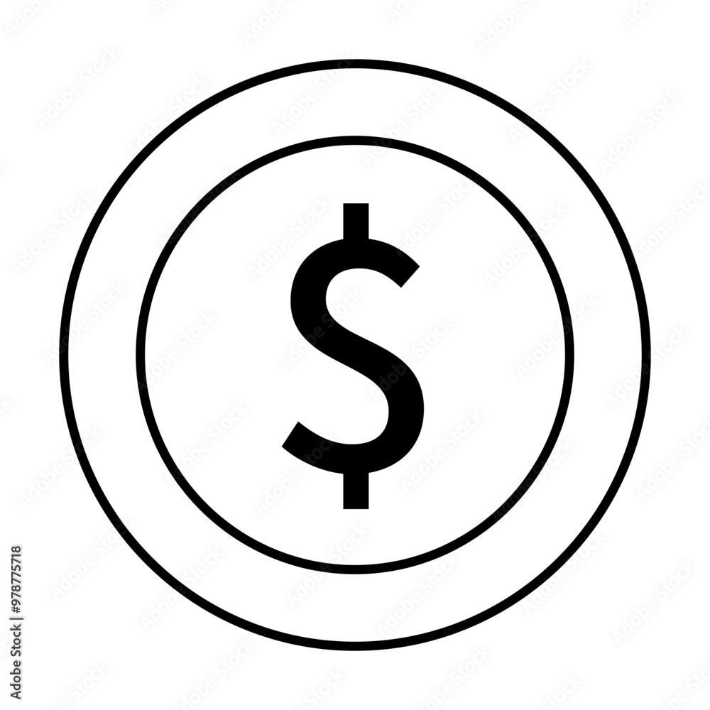 A bold dollar symbol centered within a double circle, rendered in black and white. Ideal for financial themes, business graphics, economic presentations, investment icons, and banking designs. A bold dollar symbol centered within a double circle, rendered in black and white. Ideal for financial themes, business graphics, economic presentations, investment icons, and banking designs.