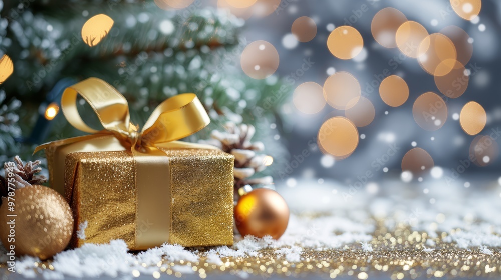 Close up of a gold gift box with ribbon and Christmas ornaments against a glittery snow background Happy New Year banner empty space Close up of a gold gift box with ribbon and Christmas ornaments against a glittery snow background Happy New Year banner empty space