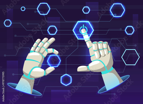 Robotic hands. Artificial intelligence moves geometric shapes. Bionic arms perform manipulations. Interactive screen. Fingers push buttons. Automatic digital technology. Vector concept