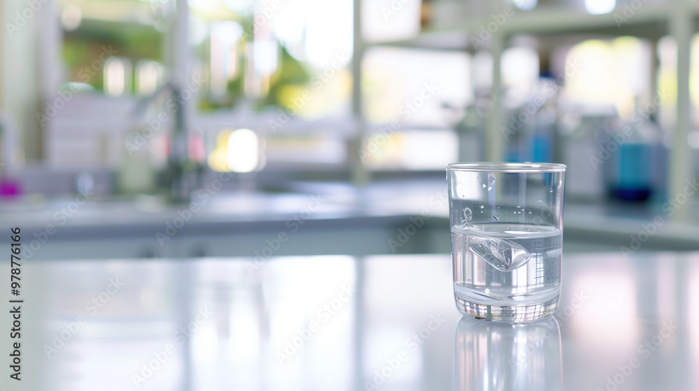 Close-up of glass beaker with clear liquid and floating indicator showing high lead levels, set on white countertop with copy space for text or design Close-up of glass beaker with clear liquid and floating indicator showing high lead levels, set on white countertop with copy space for text or design