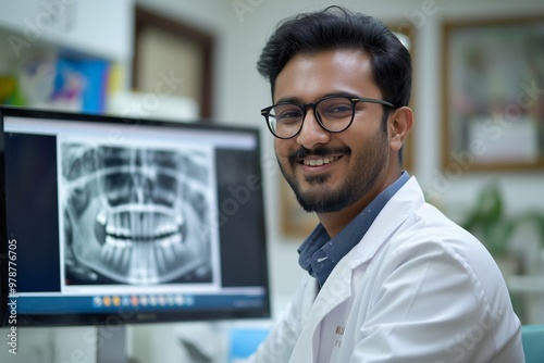 Handsome Indian male dentist smiling at the camera while sitting in front of a computer monitor. A dental x-ray is visible on the screen. The background shows a bright, clean and modern dental office.