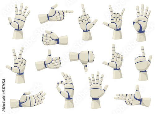 Robotic bionic hands. Mechanical human arms. Different position of fingers. Gesture to point, ok and like. Artificial intelligence technology. Automatic palms. Droid limbs vector set