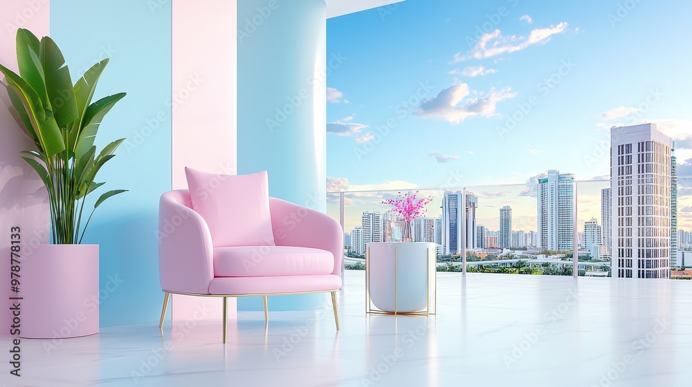 Urban Elegance: Stylish Cityscape Balcony for Sophisticated Business Meeting in Soft Pastel Hues Urban Elegance: Stylish Cityscape Balcony for Sophisticated Business Meeting in Soft Pastel Hues