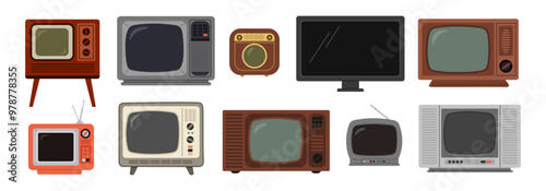 Retro televisions. Old media communication system. Modern and tube video technic. Wooden case with convex glass. TV watching. Show broadcast. Obsolete analog display. Garish vector set