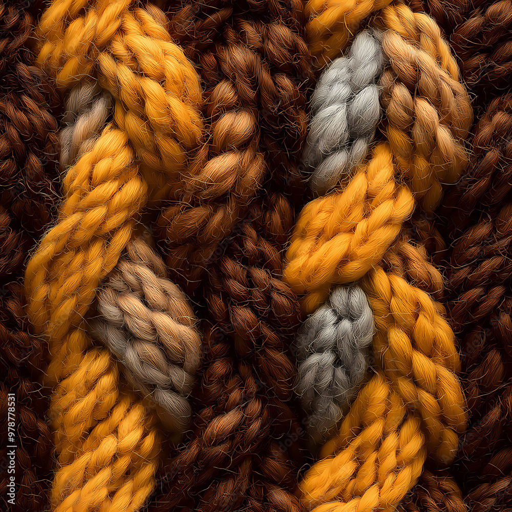 A close-up view of intricately braided yarn in warm shades of brown, gray, and golden yellow, showcasing texture and craftsmanship. Generative ai. A close-up view of intricately braided yarn in warm shades of brown, gray, and golden yellow, showcasing texture and craftsmanship. Generative ai.