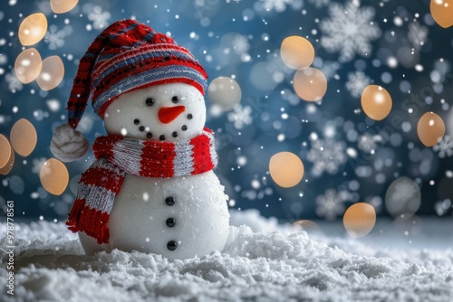 Snowman wearing hat and scarf made of red and white fabric. AI.