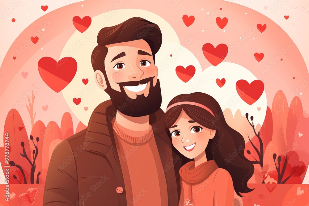 Happy couple enjoying a joyful moment in a heart-themed, romantic illustration during springtime
