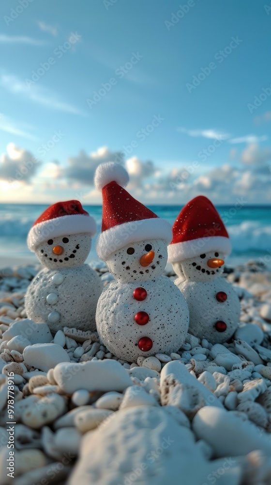Obraz premium Three snowmen wearing red Santa hats are sitting on a beach made of white pebbles against the backdrop of the blue ocean and sky. AI.